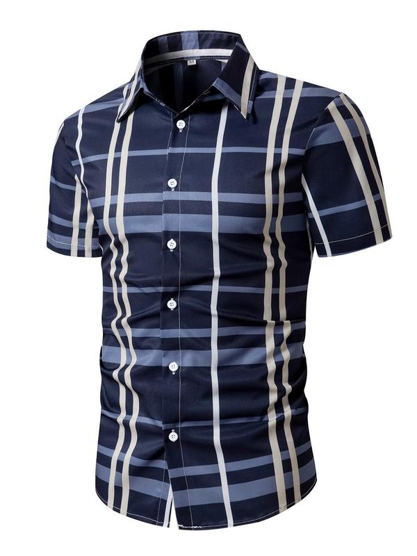 Summer Clothes for Men, Men's Random Plaid Print Button Front Shirt, Regular Fit Casual Short Sleeve Collar Shirt for Summer, Men's Streetwear for Daily Wear