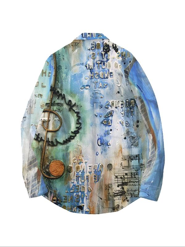 Men's All Over Print Button Front Shirt, Casual Regular Fit Long Sleeve Stand Collar Top for All Seasons, Fashion Men's Clothes for Daily Wear