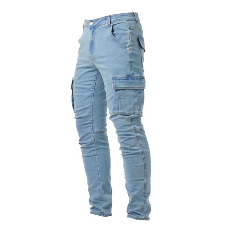 Men's Slim Fit Cargo Jeans with Multi Pockets, High Stretch Denim Pants for Spring Summer Menswear Trouser