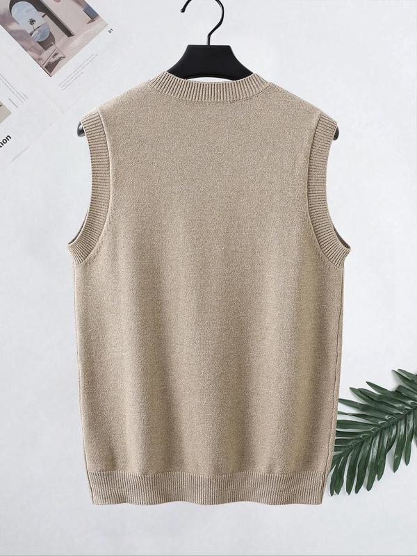 Men's Solid V Neck Sweater Vest Without Shirt, Casual Loose Sleeveless Knitwear Top for Fall & Winter, Fashion Men's Knit Clothing for Daily Wear