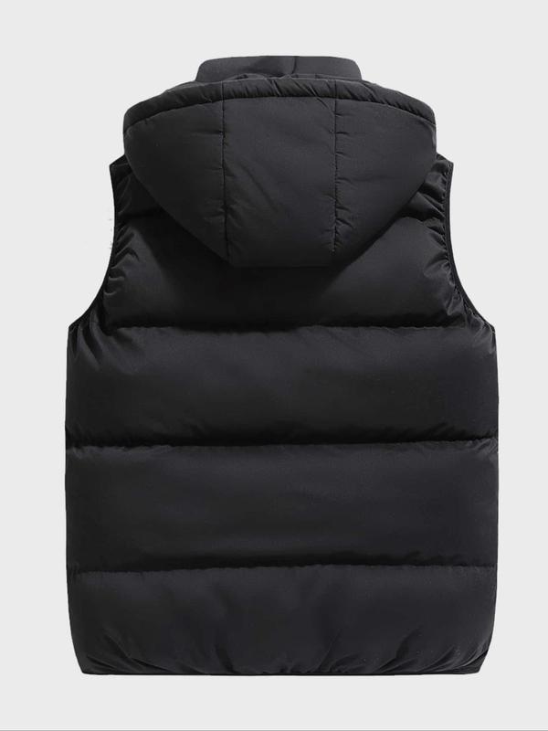 Men's Solid Zip Up Hooded Vest Jacket, Loose Casual Pocket Design Sleeveless Outerwear for Fall & Winter, Men's Clothes for Daily Wear