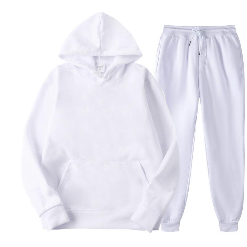 New Men's Hooded Solid Color Pullover Sweatshirt Suit Casual Sports Hoodie Sweater Trousers Two-Piece Set