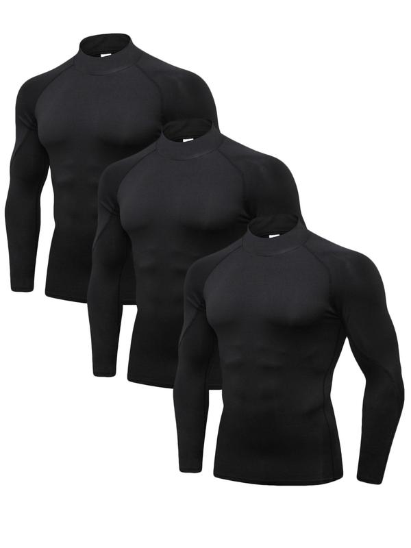 Men's Solid Mock Neck Compression Thermal Underwear Top, Quick Drying Long Sleeve T-shirt, Men's Thermal Underwear for Fall & Winter