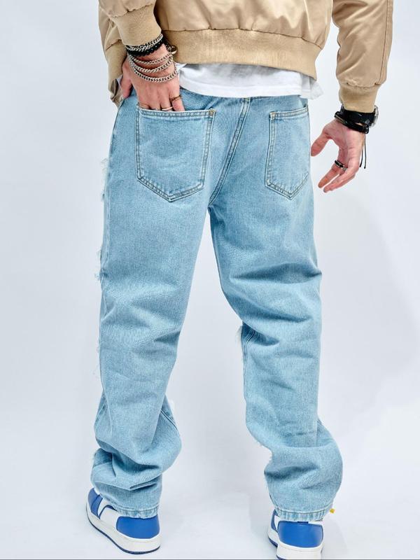 Men's Ripped Zipper Pocket Design Jeans, Loose Casual Denim Pants for Daily Wear, Fashion Men's Bottoms for All Seasons