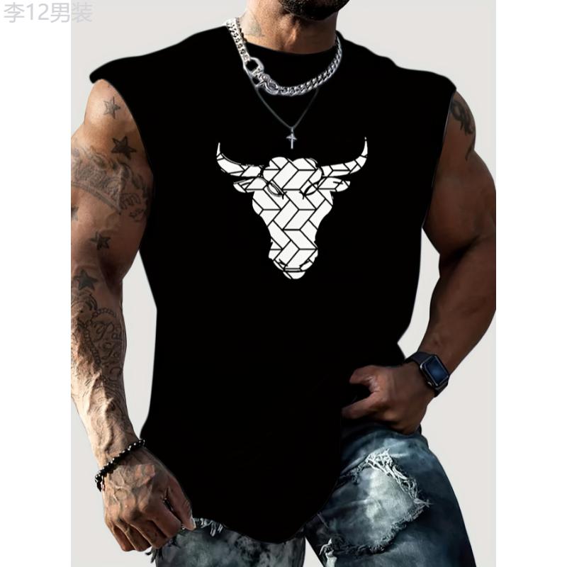 Men's Comfy Bull Print Graphic Design Tank Top, Casual Sleeveless Shirt for Summer, Relaxed Fit Vest Top Fabric Menswear