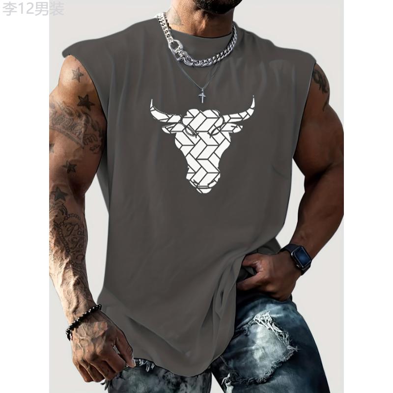 Men's Comfy Bull Print Graphic Design Tank Top, Casual Sleeveless Shirt for Summer, Relaxed Fit Vest Top Fabric Menswear