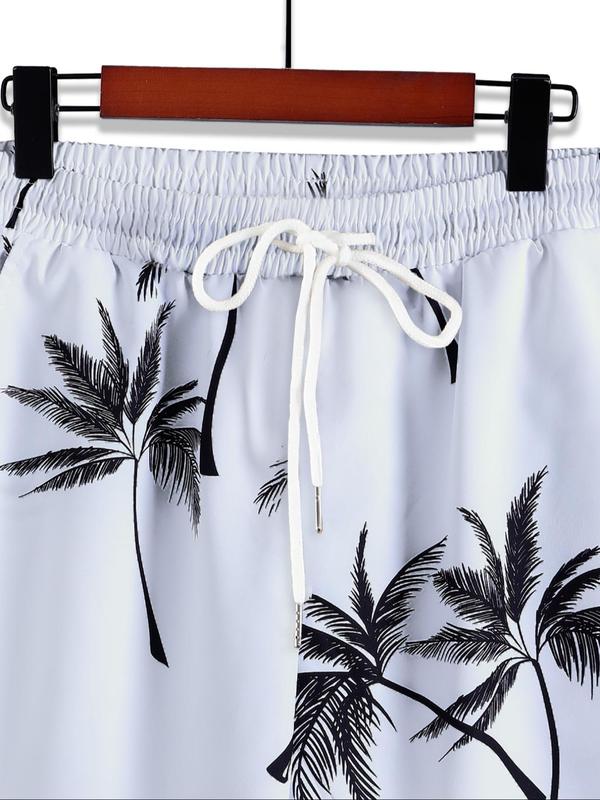 Two Counts Men's Back To School Coconut Tree Print Shirt & Pocket Drawstring Shorts Two-piece Set, Summer Outfits 2024, Men's Clothing, Regular Fit Tropical Print Two-piece Outfit without Tee & Necklace, Summer Beach Vacation Clothes Set for Men