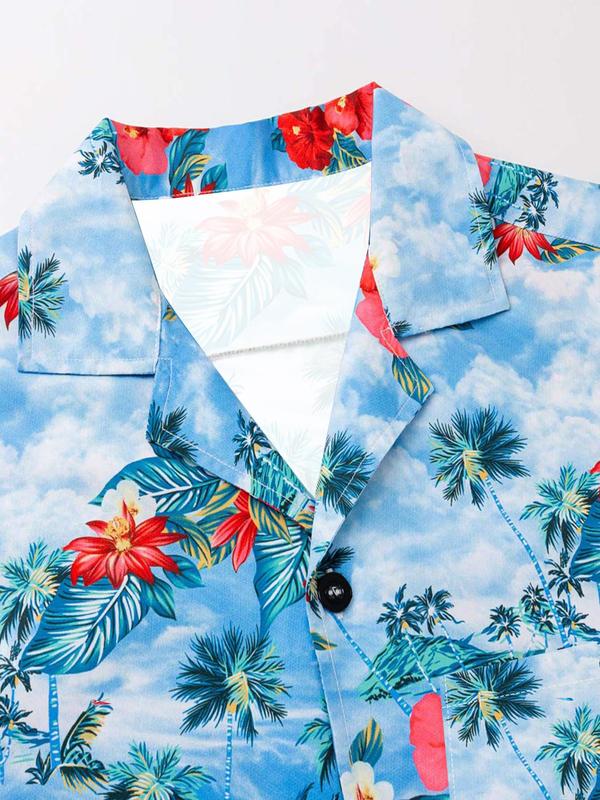 Men's Floral Print Button Front Hawaiian Shirt, Summer Clothes Regular Fit Casual Short Sleeve Collared Shirt for Summer, Menswear for Beach Holiday Vacation