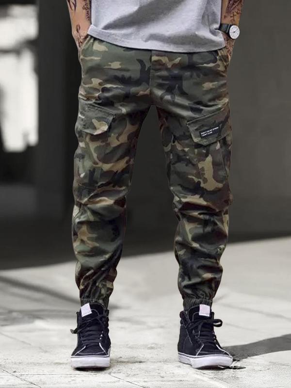 Men's Camo Print Letter Tape Cargo Pants, Casual Street Comfy Regular Fit Pants for Daily Wear, Men's Trousers for All Seasons