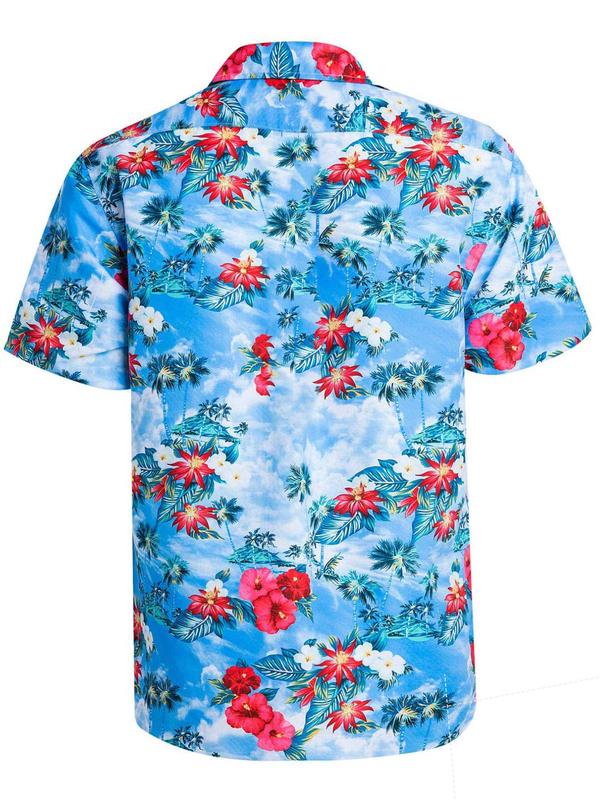 Men's Floral Print Button Front Hawaiian Shirt, Summer Clothes Regular Fit Casual Short Sleeve Collared Shirt for Summer, Menswear for Beach Holiday Vacation