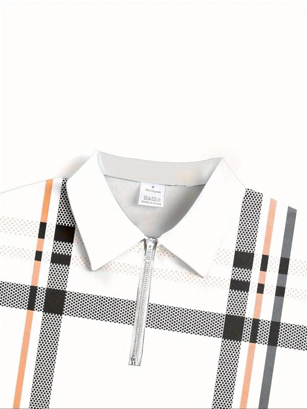 Men's Plaid Print Zipper Polo Shirt, Casual Short Sleeve Top for Summer, Streetwear, Fashion Men's Clothes for Daily Wear