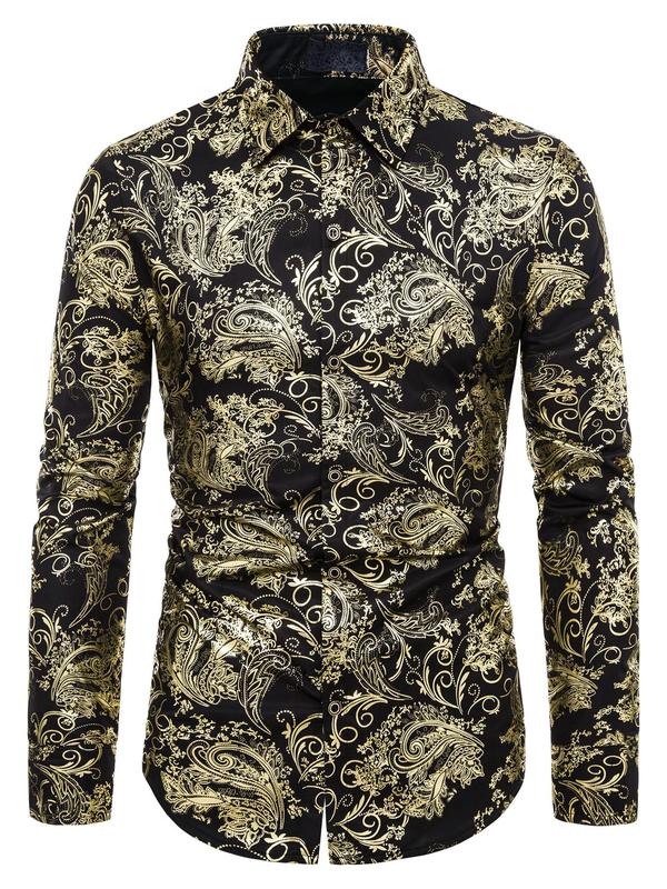 Men's Floral & Paisley Hot Stamping Button Front Shirt, Regular Fit Long Sleeve Collared Top for Wedding Party Formal Occasions, Men's Clothes for All Seasons