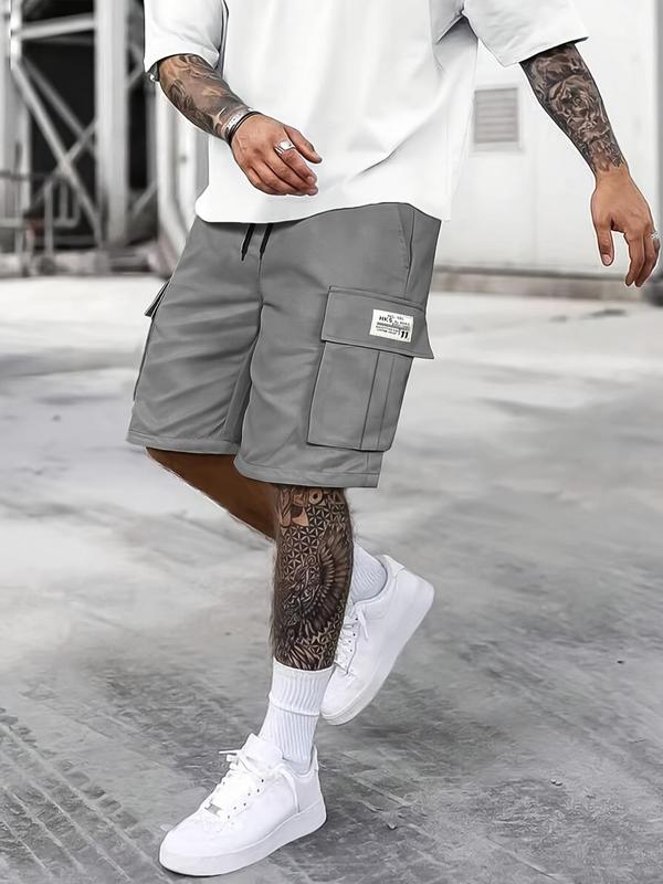 Men's Solid Patched Drawstring Waist Cargo Shorts, Regular Fit Casual Flap Pocket Straight Leg Shorts for Summer, Fashion Men's Bottoms for Daily Wear