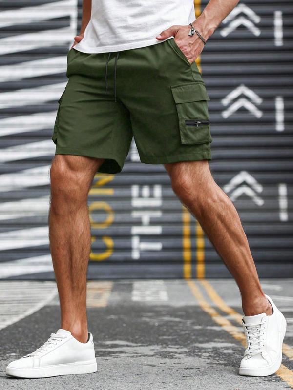 Men's Casual Solid Elastic Waist Shorts, Summer Clothes Regular Fit Fashion Casual Pocket Drawstring Waist Shorts For Daily Wear, Men's Bottoms For Summer