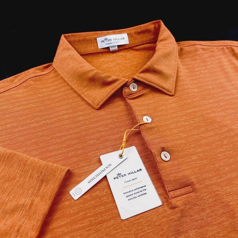 Stylish Peter Millar Crown Sport Striped Printed Polo Shirt - Summer Comfort Orange Large