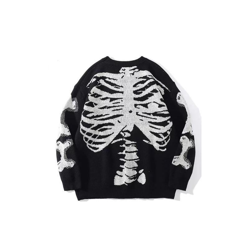 Alielnosirrah Grunge Street Fitted Round Neck Streetwear Fake Body Cotton Casual Skull Skeleton Knitwear Unisex Black Friday Spooky Sweater