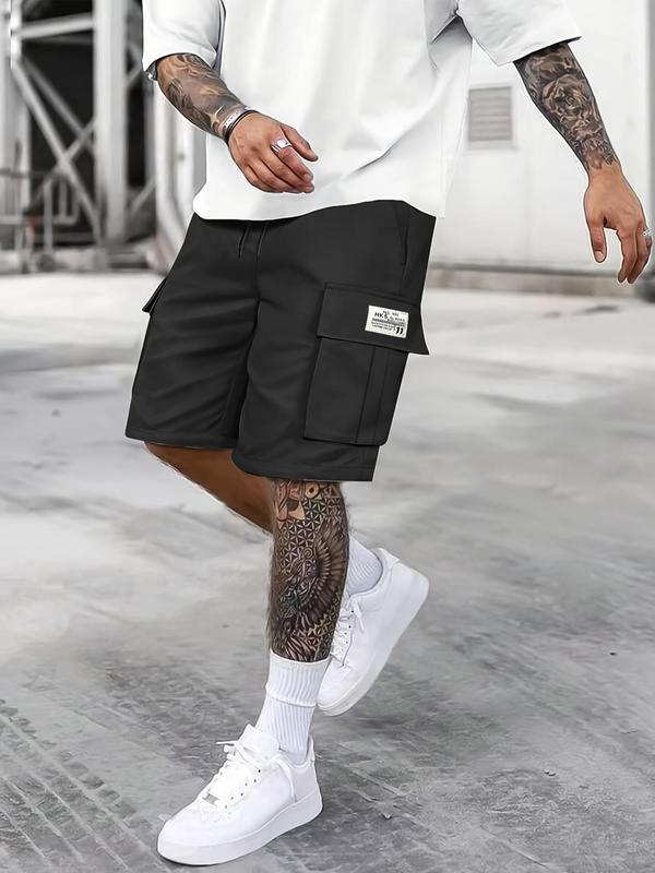 Men's Solid Patched Drawstring Waist Cargo Shorts, Regular Fit Casual Flap Pocket Straight Leg Shorts for Summer, Fashion Men's Bottoms for Daily Wear