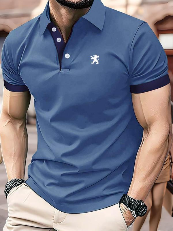 Men's Regular Fit Lion-Print Polo-Shirt, Casual Short Sleeve Collared Top for Summer, Fashion Men's Clothes for Daily Wear