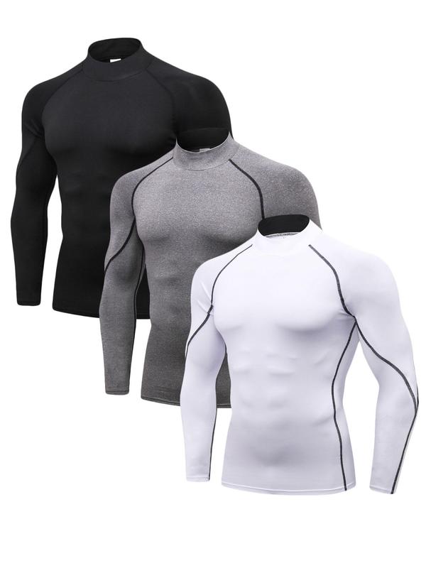 Men's Solid Mock Neck Compression Thermal Underwear Top, Quick Drying Long Sleeve T-shirt, Men's Thermal Underwear for Fall & Winter