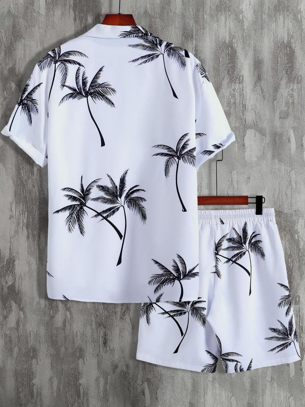 Two Counts Men's Back To School Coconut Tree Print Shirt & Pocket Drawstring Shorts Two-piece Set, Summer Outfits 2024, Men's Clothing, Regular Fit Tropical Print Two-piece Outfit without Tee & Necklace, Summer Beach Vacation Clothes Set for Men