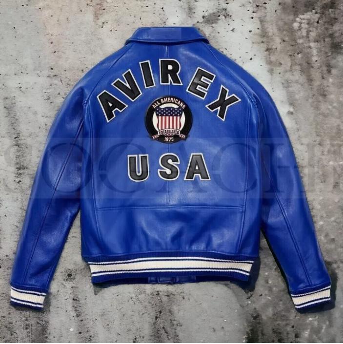 Men's Avirex BLUE Real Bomber American Flight Jacket Leather Jacket