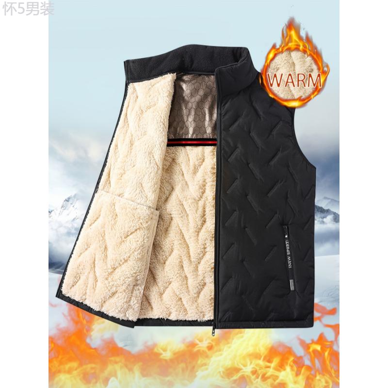 Ultra-Warm Fleece-Lined Vest with Graphene Technology - Casual, Zip-Up Sleeveless Jacket for Men & Women, Perfect for Fall Winter Outdoor Activities Collar Menswear Hem Polyester Tops Fabric Wetsuit Beige Vintage Vibe