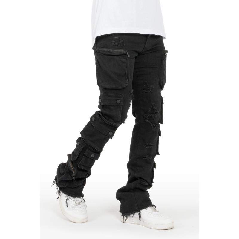 Konrad Black Cargo Stacked Flare Jean