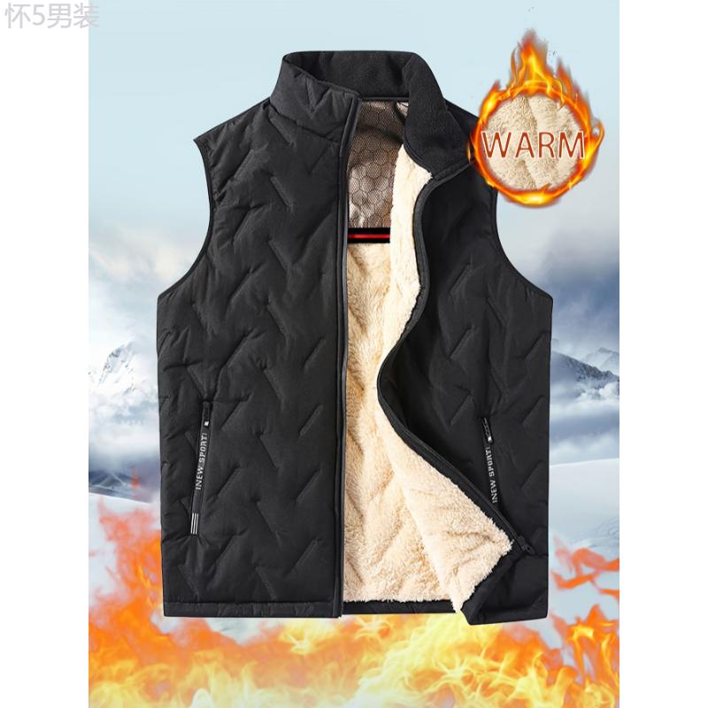 Ultra-Warm Fleece-Lined Vest with Graphene Technology - Casual, Zip-Up Sleeveless Jacket for Men & Women, Perfect for Fall Winter Outdoor Activities Collar Menswear Hem Polyester Tops Fabric Wetsuit Beige Vintage Vibe