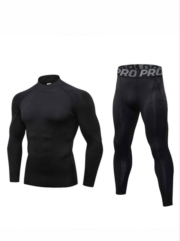 Men's Long Sleeve Mock Neck Compression Top & Letter Print Leggings Thermal Underwear Set, Casual Comfy Breathable Tight Top & Pants Set for Fall & Winter, Men's Underwear for Daily Wear