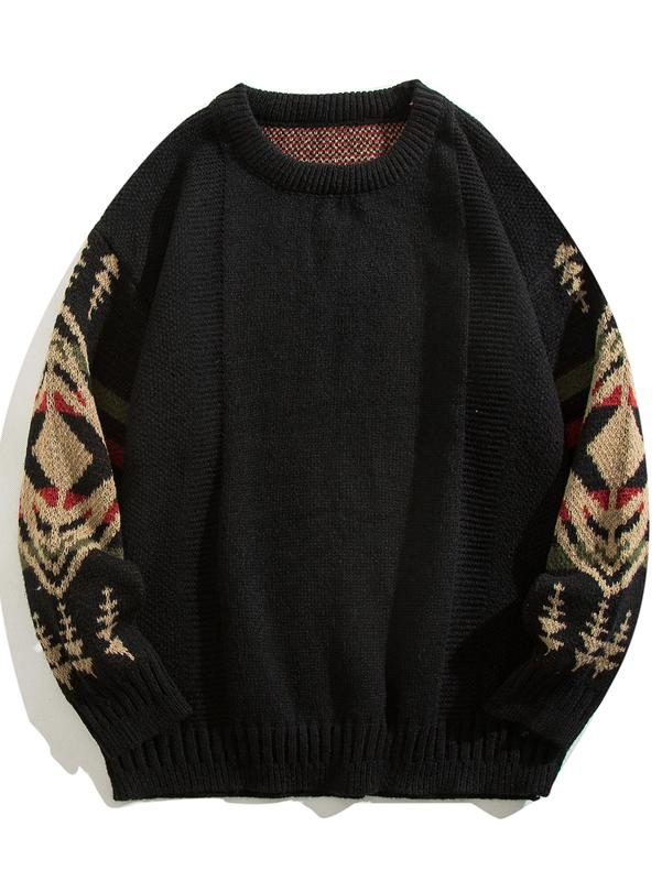 Men's Geometric Pattern Dropped Shoulder Loose Fit Fashionable Knitted Sweater Knitwear Round Neck Casual Menswear