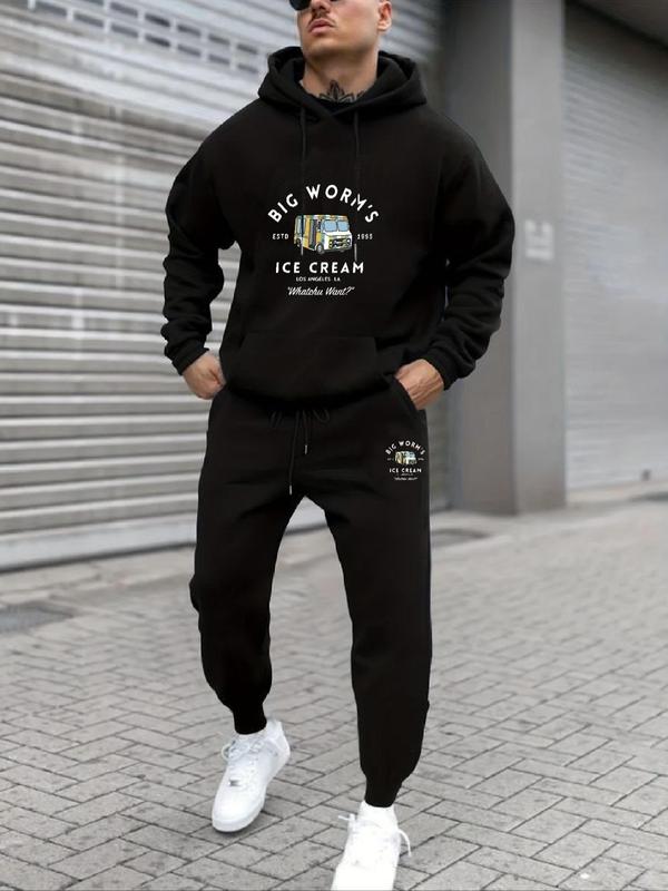 Men's Letter Print Kangaroo Pocket Hoodie & Drawstring Waist Sweatpants Two-piece Set, Regular Fit Sporty Long Sleeve Hooded Sweatshirt & Pocket Jogger Pants, Men's Two-piece Outfits for Fall & Winter