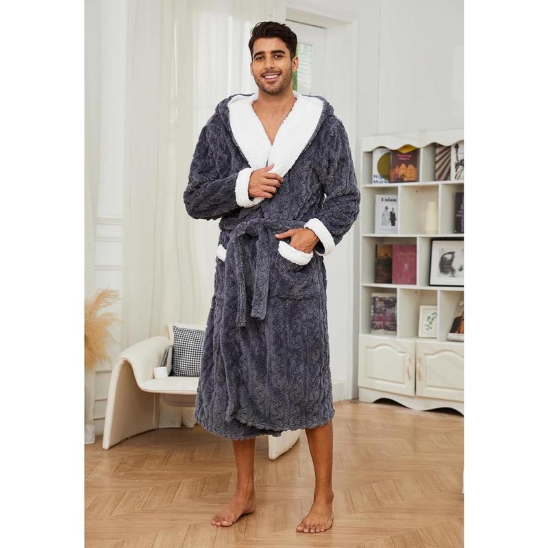 Mens Robe with Hood,Full Length Plush Robe for Men Thick Fleece Bathrobe