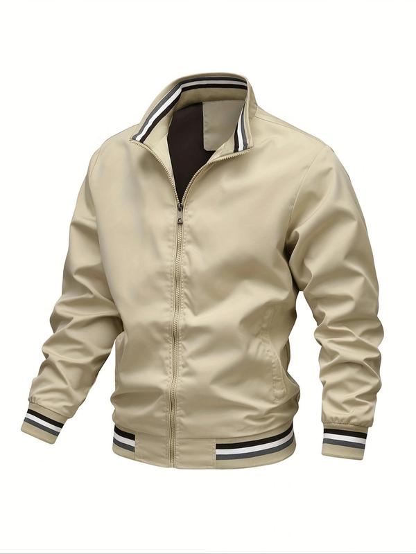 Men's Striped Trim Zip Up Varsity Jacket, Regular 2024 Mens Jacket, Streetwear Long Sleeve Pocket Baseball Jacket, Windbreaker Bomber Jacket, Men's Fall Clothing for Daily Wear Tops