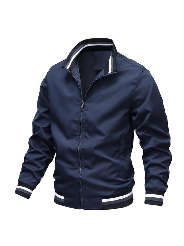 Men's Striped Trim Zip Up Varsity Jacket, Regular 2024 Mens Jacket, Streetwear Long Sleeve Pocket Baseball Jacket, Windbreaker Bomber Jacket, Men's Fall Clothing for Daily Wear Tops