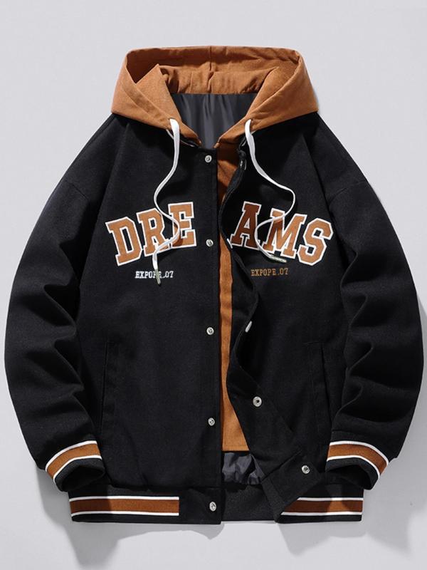 Men's Letter Graphic Button Front 2 In 1 Varsity Jacket, Loose Casual Drawstring Pocket Hooded Outerwear, Men Clothing for Spring Fall