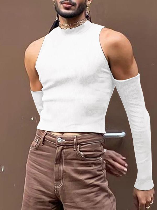 Men's Slim Cold Shoulder Mock Neck Crop Tank Top, Vintage 90s Tops, Cut Out Long Sleeve T-shirt for Spring & Fall, Comfort Basic Minimalist Menswear for Daily Wear