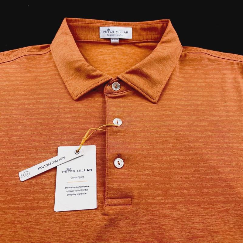 Stylish Peter Millar Crown Sport Striped Printed Polo Shirt - Summer Comfort Orange Large