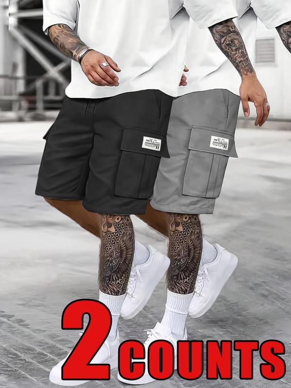 Men's Solid Patched Drawstring Waist Cargo Shorts, Regular Fit Casual Flap Pocket Straight Leg Shorts for Summer, Fashion Men's Bottoms for Daily Wear