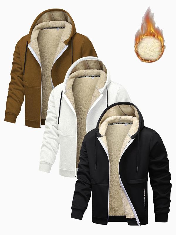 Men's Solid Color Drawstring Pocket Hooded Fleece Jacket, Regular Fit Casual Long Sleeve Zip Up Outerwear for Fall & Winter, Men's Clothes for Daily Wear