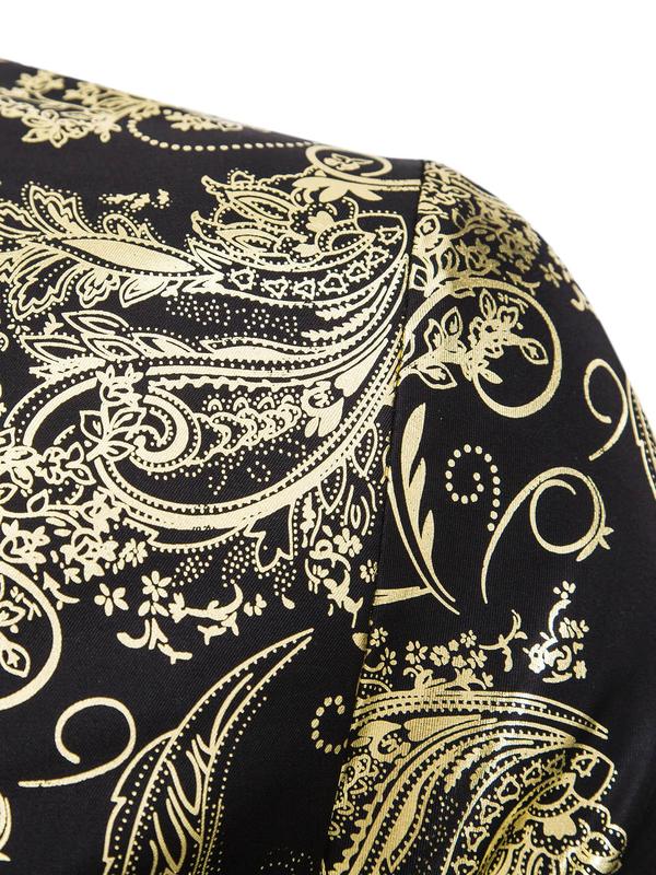 Men's Floral & Paisley Hot Stamping Button Front Shirt, Regular Fit Long Sleeve Collared Top for Wedding Party Formal Occasions, Men's Clothes for All Seasons