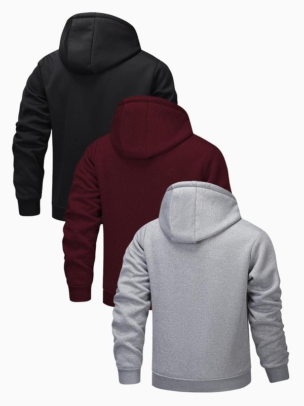 Men's Solid Color Drawstring Pocket Hooded Fleece Jacket, Regular Fit Casual Long Sleeve Zip Up Outerwear for Fall & Winter, Men's Clothes for Daily Wear