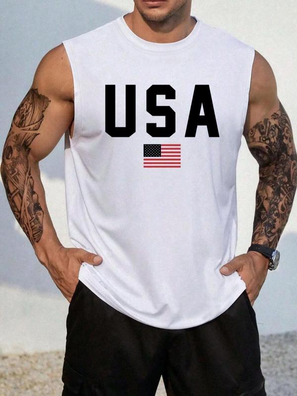 Men's Letter & Flag Print Round Neck Tank Top, Regular Fit Graphic Sleeveless Crew Neck Top for Summer, Casual Men's Clothes for Daily Wear