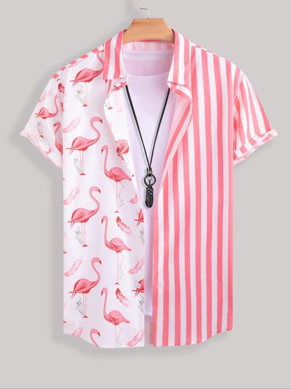 Men's Striped & Flamingo Print Button Front Shirt Without Tee & Necklace, Summer Clothes Boho Casual Regular Fit Drop Shoulder Top for Summer, Men's Clothes for Daily Vacation Holiday Wear