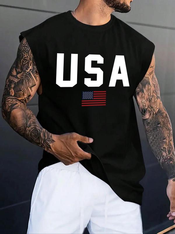 Men's Letter & Flag Print Round Neck Tank Top, Regular Fit Graphic Sleeveless Crew Neck Top for Summer, Casual Men's Clothes for Daily Wear