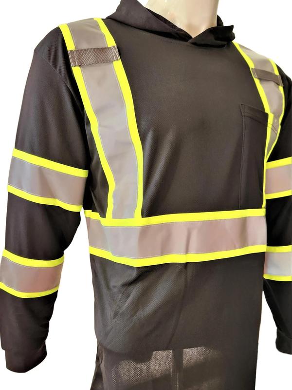 High Visibility Black Long Sleeve Safety Shirt with hoodie Polyester Birdeye Mesh