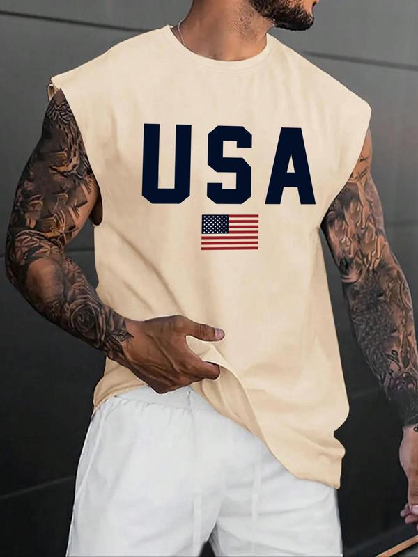 Men's Letter & Flag Print Round Neck Tank Top, Regular Fit Graphic Sleeveless Crew Neck Top for Summer, Casual Men's Clothes for Daily Wear