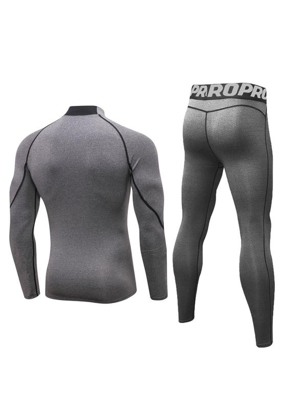 Men's Long Sleeve Mock Neck Compression Top & Letter Print Leggings Thermal Underwear Set, Casual Comfy Breathable Tight Top & Pants Set for Fall & Winter, Men's Underwear for Daily Wear