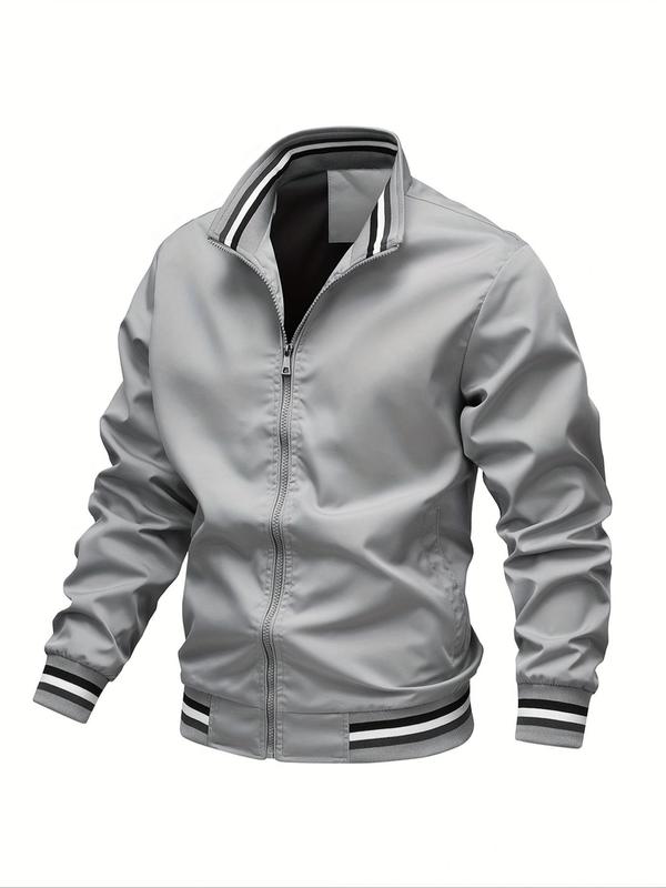 Men's Striped Trim Zip Up Varsity Jacket, Regular 2024 Mens Jacket, Streetwear Long Sleeve Pocket Baseball Jacket, Windbreaker Bomber Jacket, Men's Fall Clothing for Daily Wear Tops