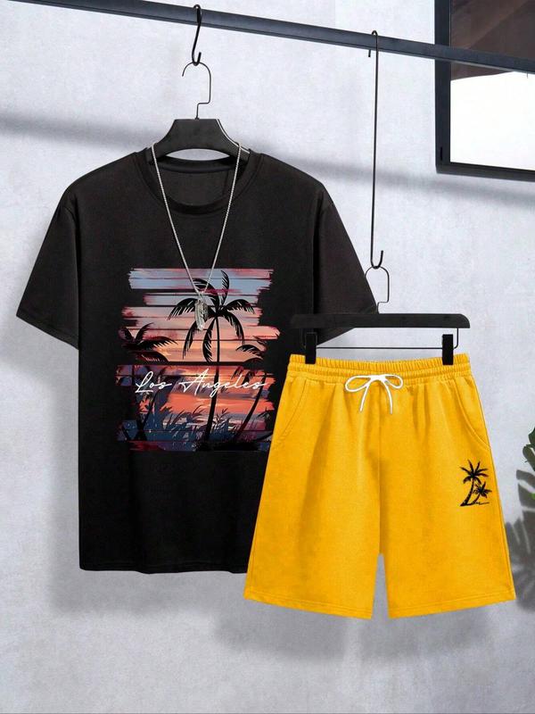 Two-Piece Set Men's Landscape Print Tee & Palm Tree Printed Tie Front Pocket Shorts Two-piece Set, Regular Fit Round Neck Short Sleeve T-Shirt & Elastic Waist Shorts, Men Plus Outfits for All Seasons