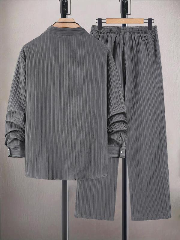 Men's Textured Button Front Shirt & Drawstring Waist Pants Loungewear Two-piece Set, Long Sleeve Stand Collar Top & Pocket Trousers Pj Set, Lounge Sets, Men's Sleepwear for Spring & Fall, Fall Wear 2024, Earthtone Fallfreshness, 2000s Clothes